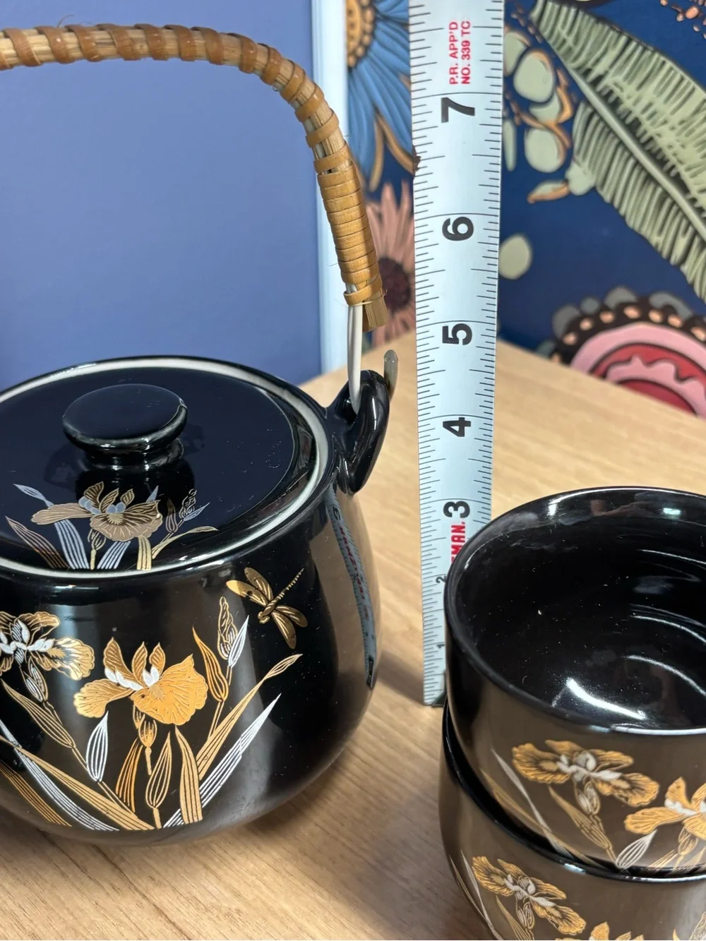 Vintage Japanese Black Iris Teapot Set Pot & 4 cups Otagiri Style